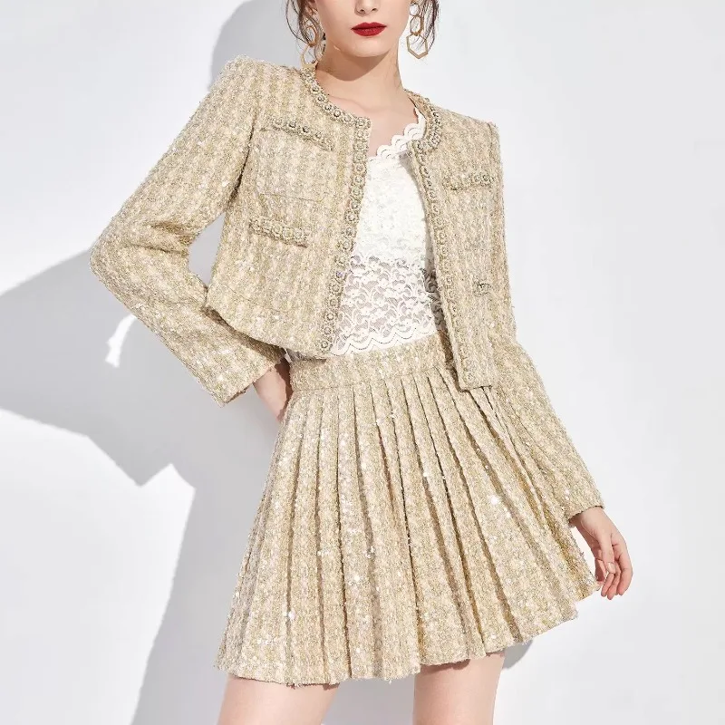 Женский офисный комплект из двух предметов элегантный абрикосовый твидовый