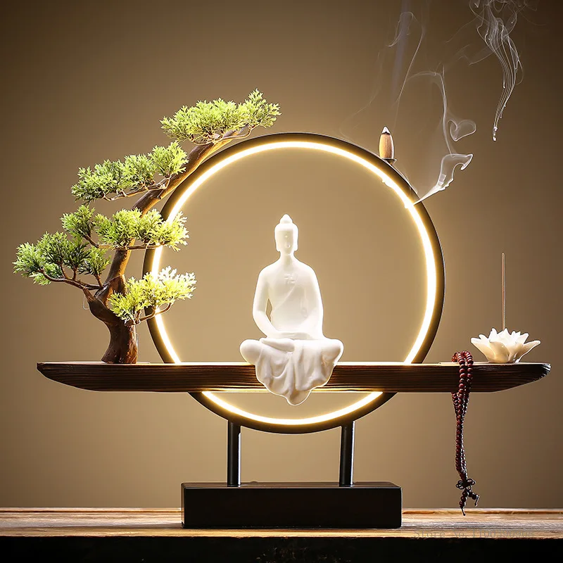 

Backflow Incense Burner with Led Light Waterfall Incense Holder Buddha Ceramic Censer Aroma Diffuser Zen Home Decor Porte Encens