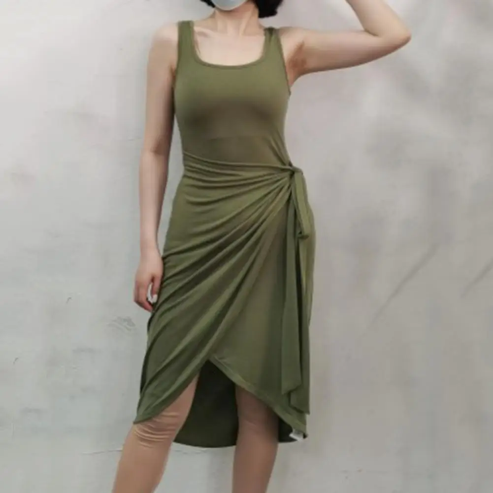 

Женское платье с асимметричным подолом, Привлекательное платье до середины икры с разрезом, пляжное платье без рукавов с U-образным вырезом ...