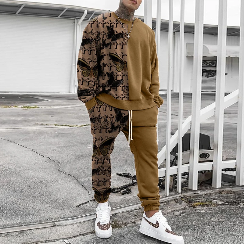 

Men Suits Winter Mens Two Piece Sets Fashion Colour Patchwork Casual Long Sleeve O Neck Sweatshirt And Pockets Pants Tracksuit