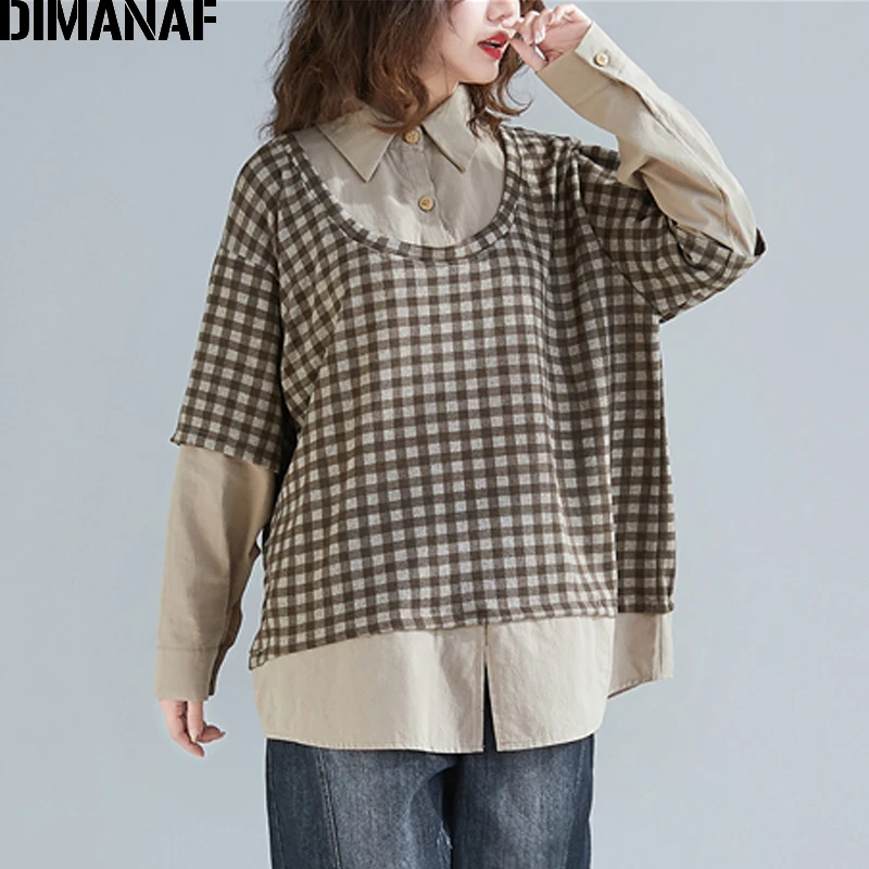 

DIMANAF Women Blouse Shirts Lady Tops Tunic Spring Cotton Linen Loose Long Sleeve Spliced Plaid Vinatge Female Clothes