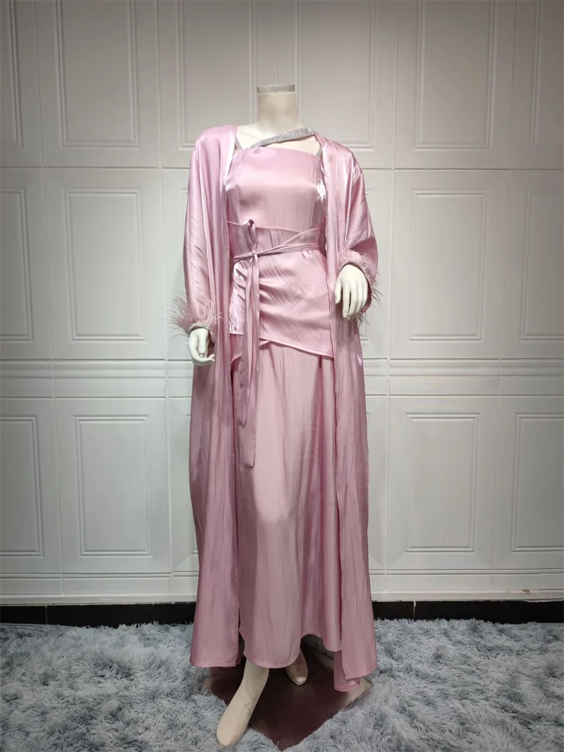 Women Muslim Sets Rhinestone Feather Sleeve Silk Satin Solid Color Open Front Outerwear Abaya Turkish Dress 3pcs Arabic Clothes