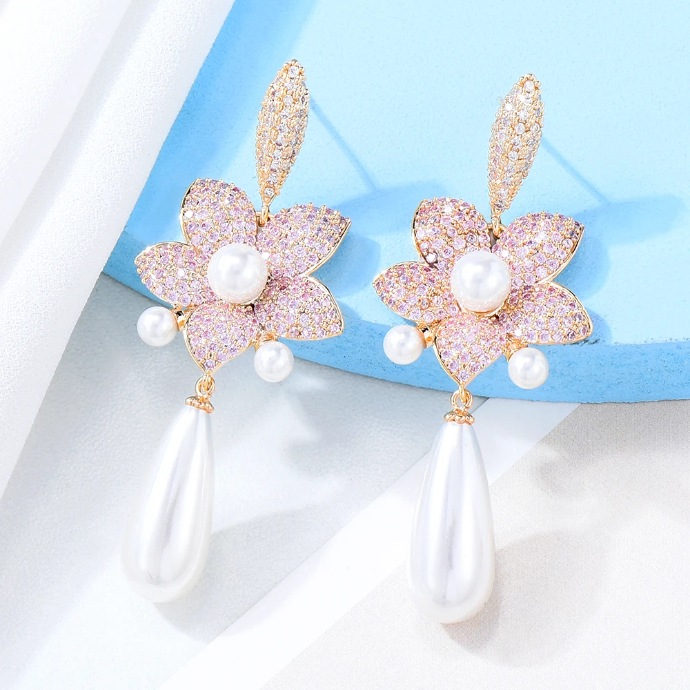 

Soramoore Luxury Summer Blue Pink Pearl Earrings High Quality Cubic Zirconia Bridal Wedding Party Best Gift Jewelry New Original