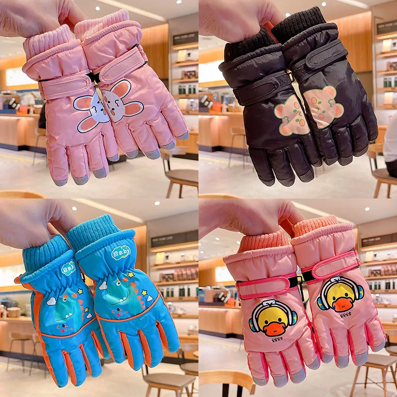 Boys Girls Sweet Velvet Five-finger Gloves 2022 Winter New Kids Cute Outdoor Waterproof Skiing Gloves for Keeping Warm Children