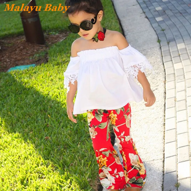 

MALAYU BABY Toddler Girl Clothing Suit 2022 Summer New Fashion Child Lace Short Sleeve Top/Floral Flared Pants 2Pcs Outfits 2-6Y