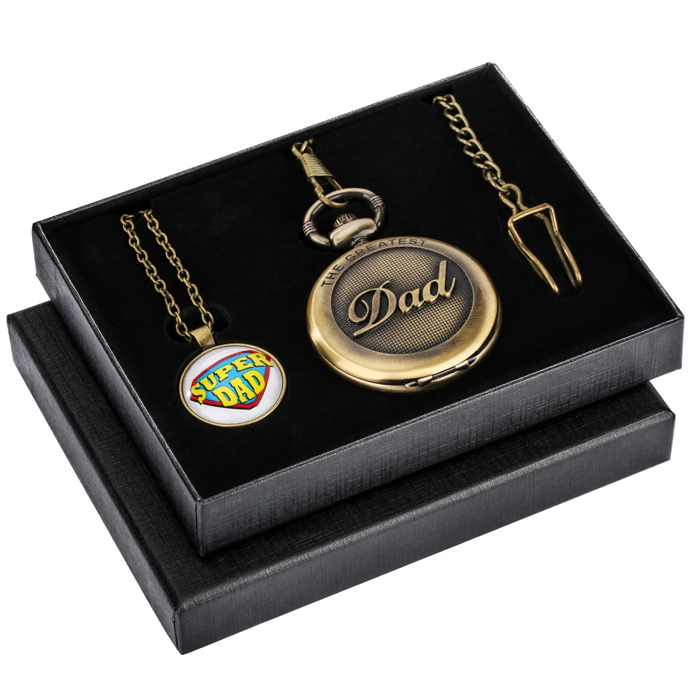 Practical Father's Day Gifts Exquisite Bronze Quartz Pocket Watch Set Gift Box Pendant Super Dad Necklace Waist Chain Clock Gift