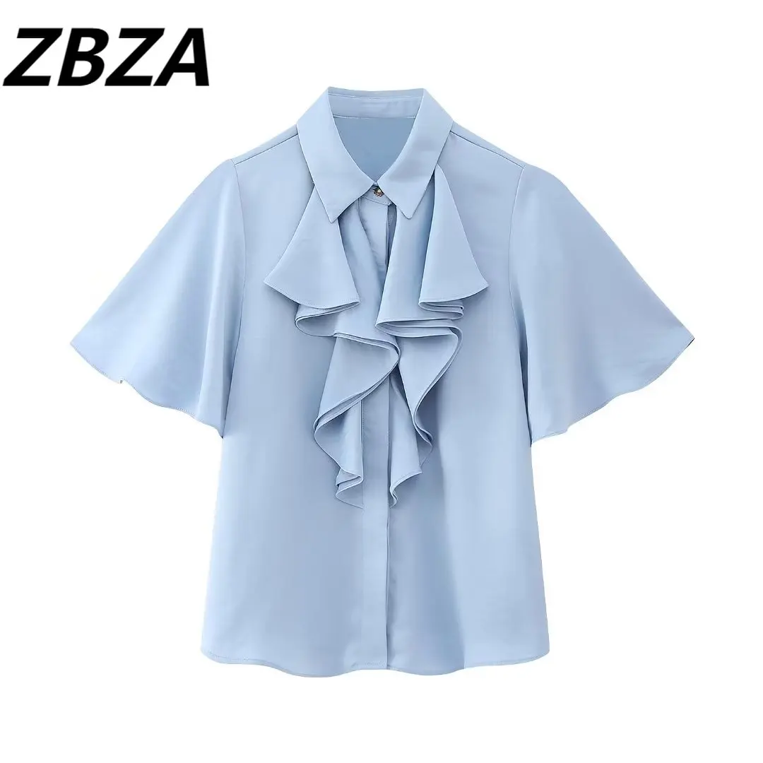 

Women 2023 New Sweet Fashion Laminated Decorative Satin Texture Blouses Vintage Lapel Collar Short Sleeve Female Shirts Chic Top