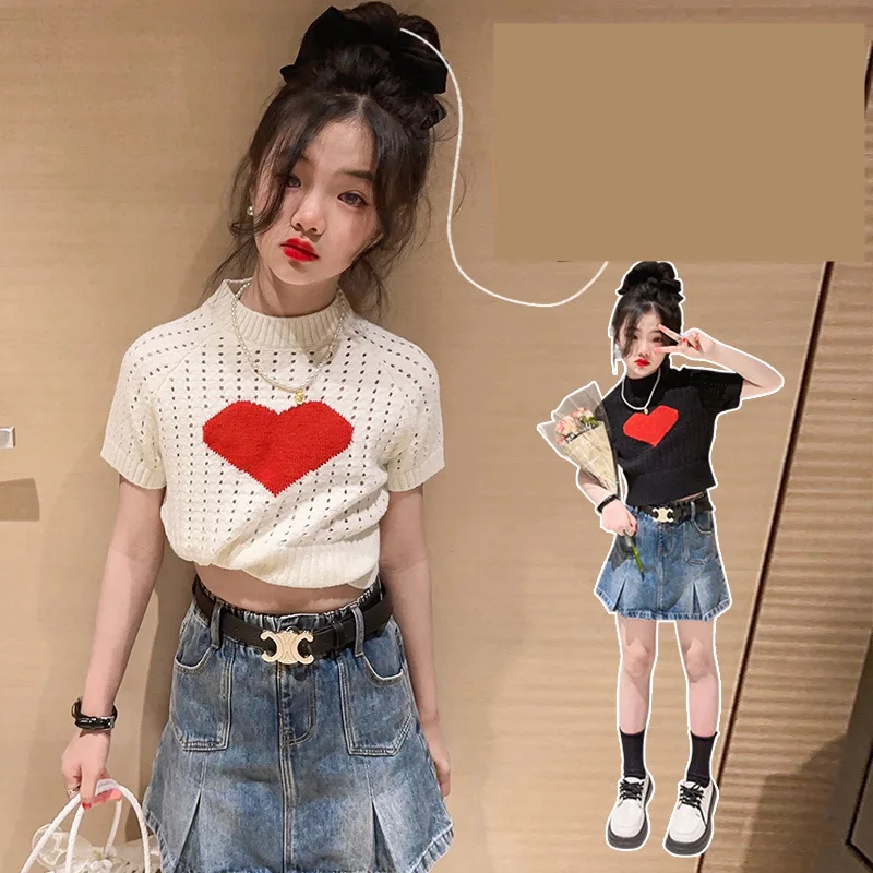 

teenage girls summer love short sleeve T-shirt children hollow out holes crop top kids clothes tshirts streetwear 4 to 16 yrs