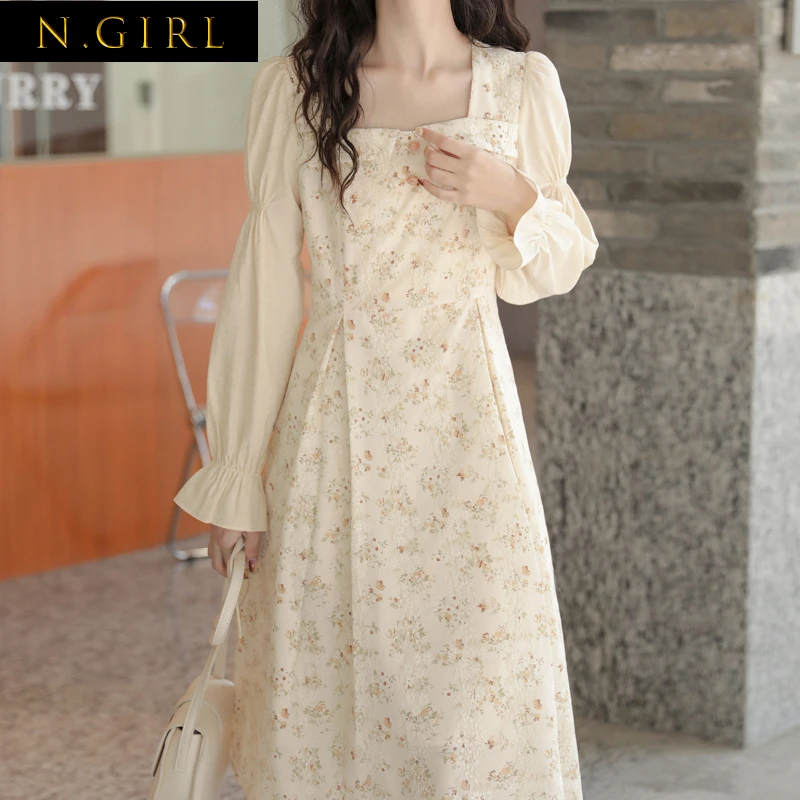 

Женское винтажное платье с цветочным принтом, повседневное кружевное платье средней длины с расклешенными длинными рукавами, элегантное приталенное платье, женская одежда в Корейском стиле для вечеринки, весна 2022