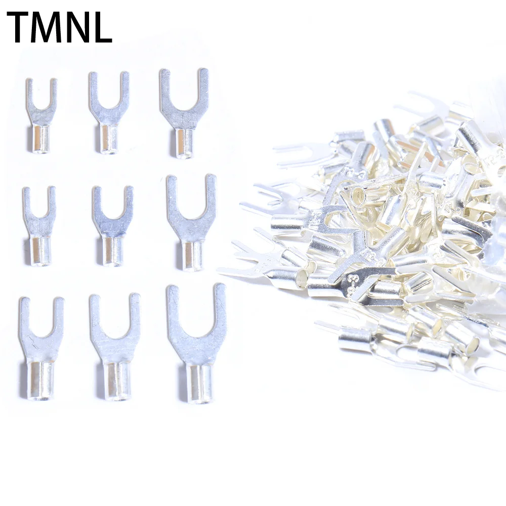 

100PCS Cable Wire Connector Crimp UT Non-Insulated Ring Fork U-Type Plated Brass Terminals Kit Wiring Cold Pressed Copper Nose