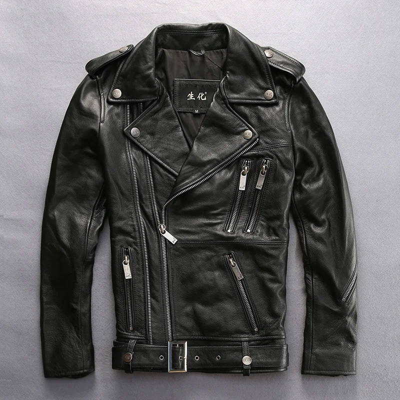 

2024 Genuine Cow Brand Male Vintage Black Coats Thick Cowhide Zipper Warm Motorcycle Rider Leather Jacket