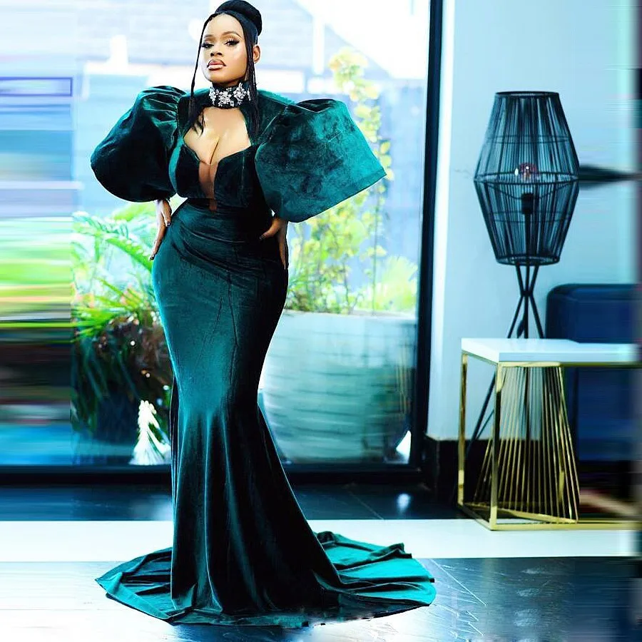 

Зеленое велюровое пышное платье для выпускного вечера с рукавом до локтя, с высоким воротом и аппликацией, вечернее платье-Русалка Aso Ebi, официальные женские вечерние платья