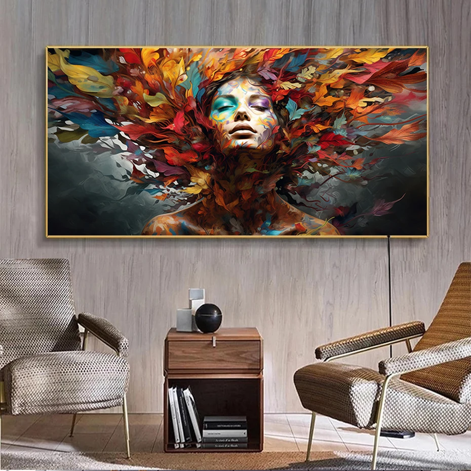 Красочные листья женский плакат большого размера настенное искусство холст