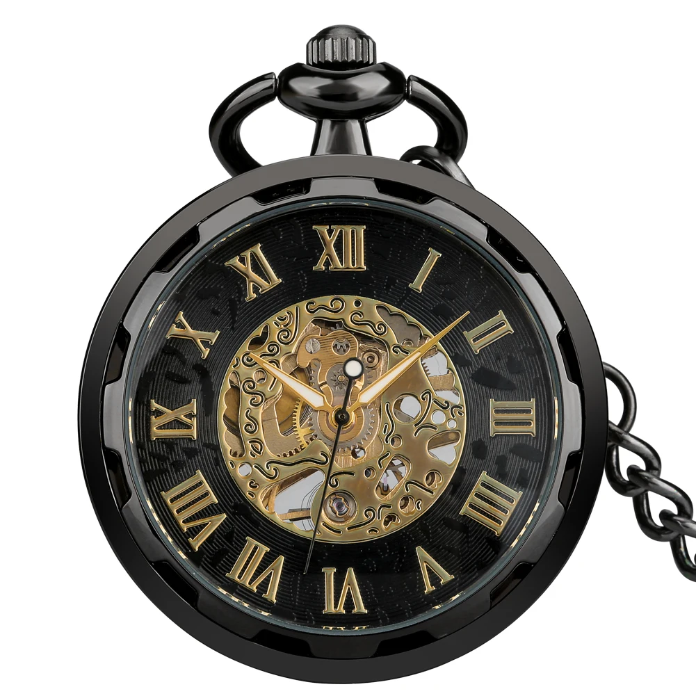 Vintage Hand-Wind Mechanical Pocket Watch Skeleton Roman Numeral Dial Black/Bronze/Silver Pendant Clock for Men Retirement Gifts