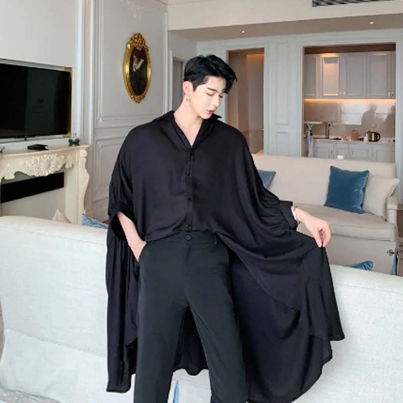 

Long Oversize Korean Short Fashion Male Men Style White Cloak Design Blouse Sleeve Summer Dress Shirts Black Irregular Shirt