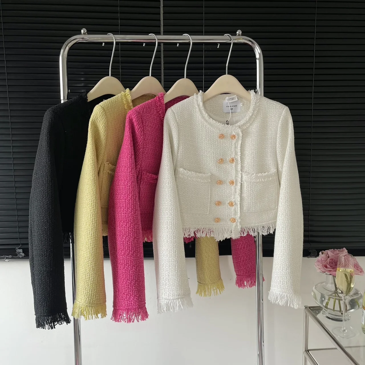 

Women's Elegant O Neck Double Breasted Long Sleeve Short Jacket Spring Autumn Lady Solid Color Tweed Outwear Top