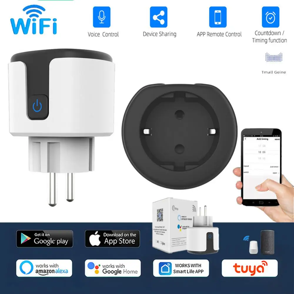 

Tuya WiFi Smart Plug 16A/20A EU Smart Socket With Power Monitoring Voice Control Support Google Home SmartThings Siri Alexa