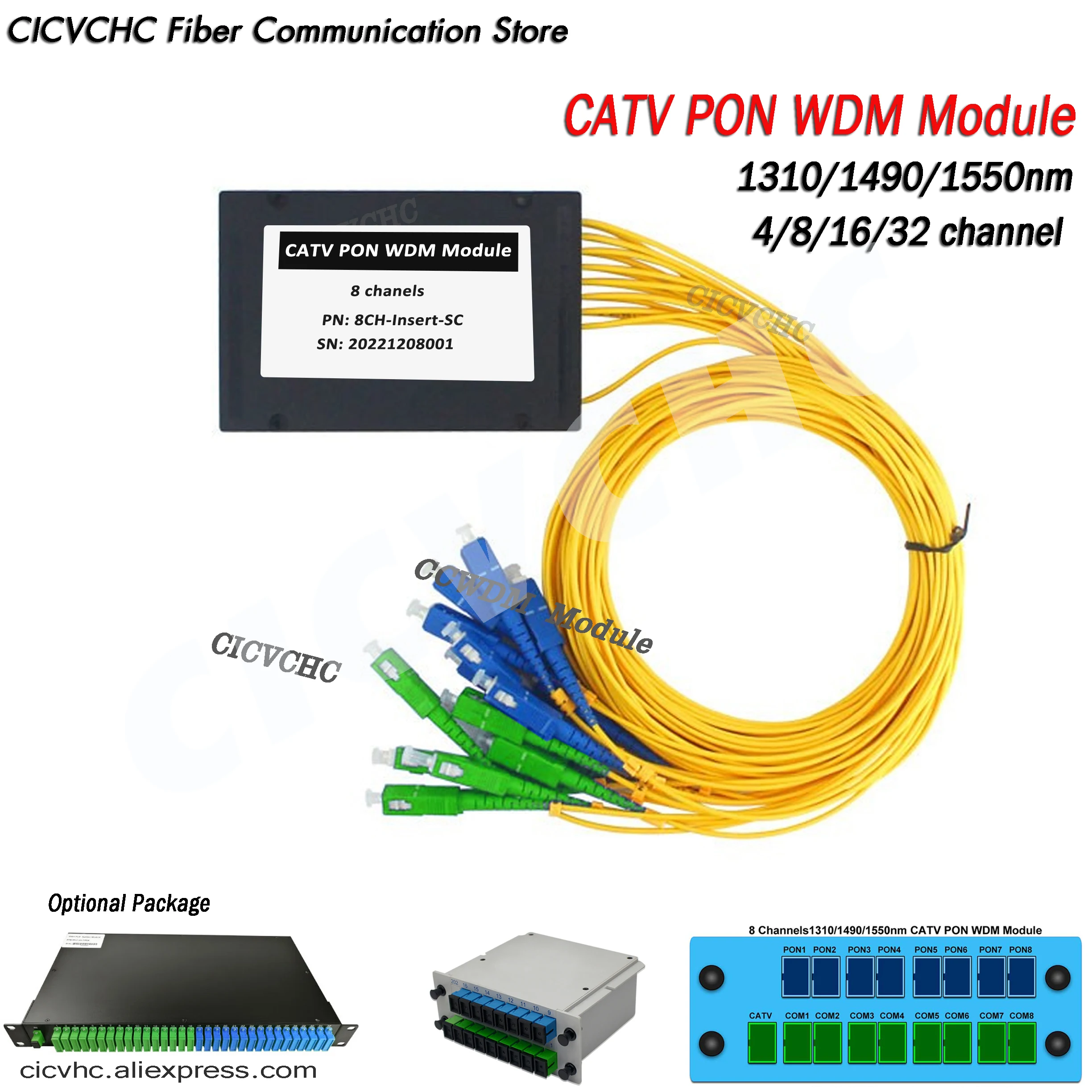 1310/1490/1550nm CATV PON WDM Module with 4, 8, 16, 32 Channels