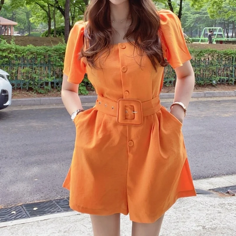 Women Jumpsuit 2023 Summer New Casual Orange Temperament Square Neck Puff Sleeve Single Breasted Loose Jumpsuit Solid Playsuits
