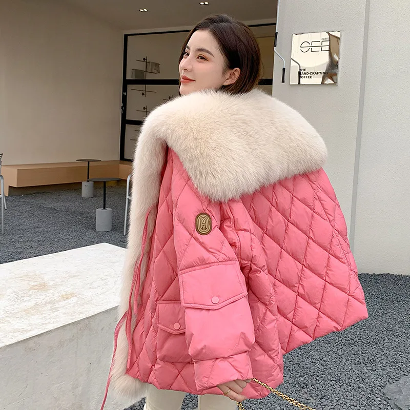 Big Luxury Faux Fox Fur Collar Down Coat 2023 Women Winter Fluffy Loose Puffer Jacket Chic Feather Female Parka Snow Outwear images - 6