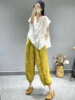 2022 summer new fungus edge linen slim harem pants literary solid color loose cotton linen casual cropped pants women clothing