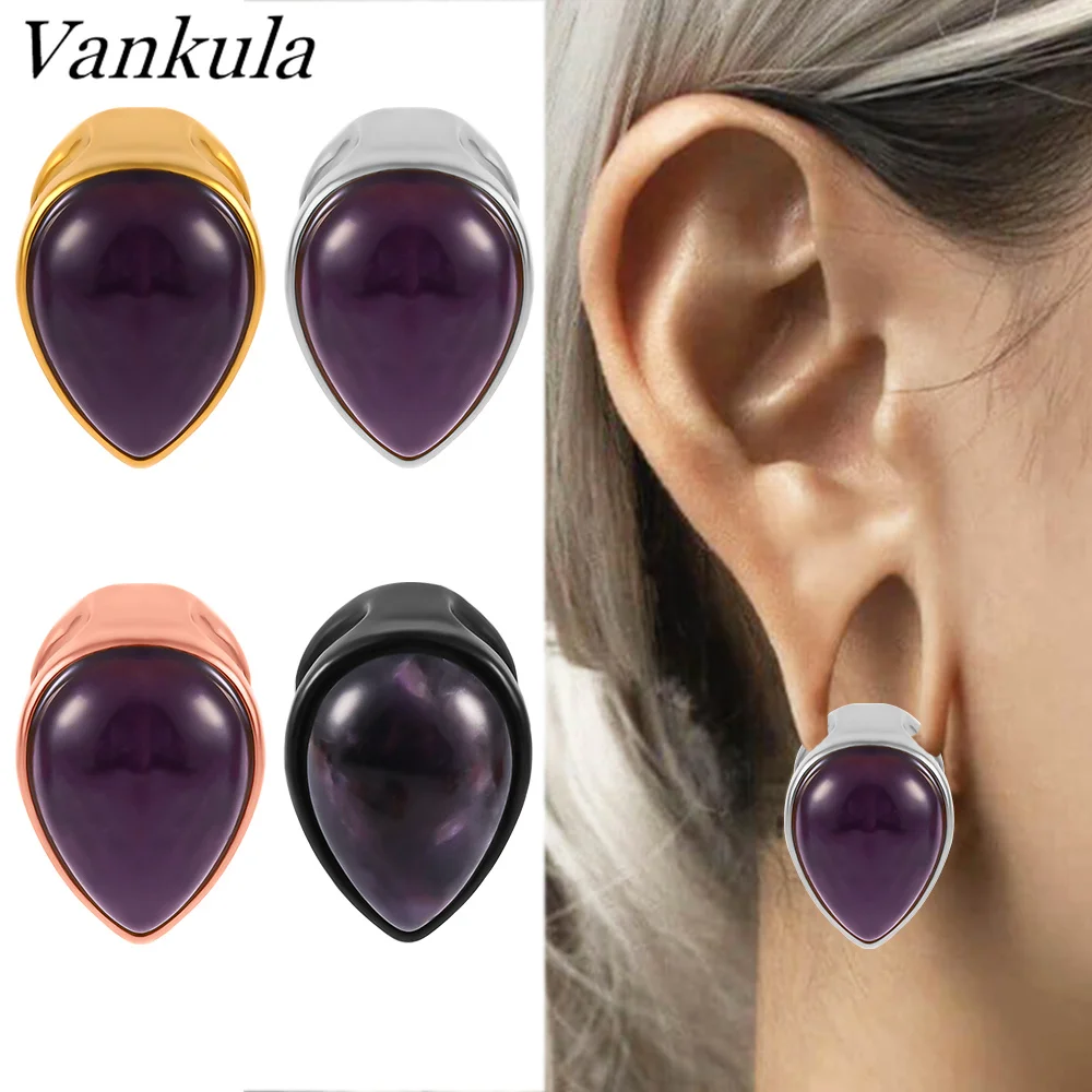 Vankula-Tapones para los oídos con piedra Natural en forma de lágrima, medidores para pendientes de carne, expansor de oreja, ensanchador, Piercings para el cuerpo, joyería, 2 piezas