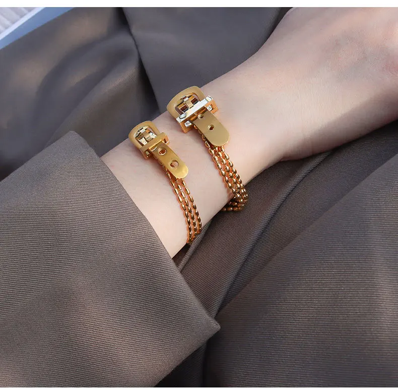 Fashion belt buckle bracelet rice bead chain 18k gold titanium steel fadeless wholesale jewelry men's and women's style