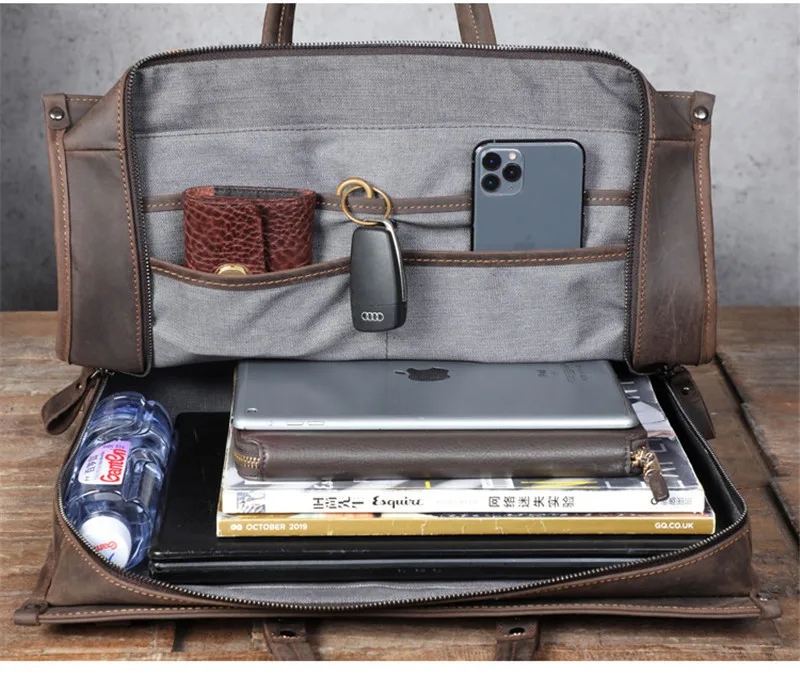 Business vintage crazy horse cowhide men's briefcase large capacity work handbag travel genuine leather laptop messenger bag