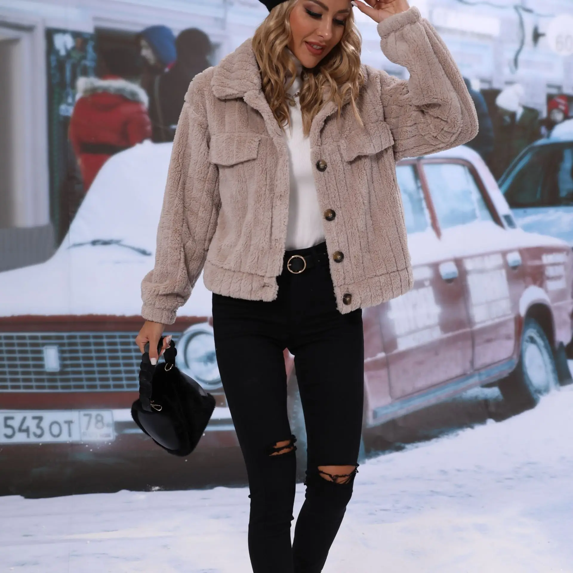 Fleece Lined Jacket Women Plush Thicken Coat Apricot Casual Long Sleeve Single Breasted Ladies Outwear Fur Winter Clothes Women