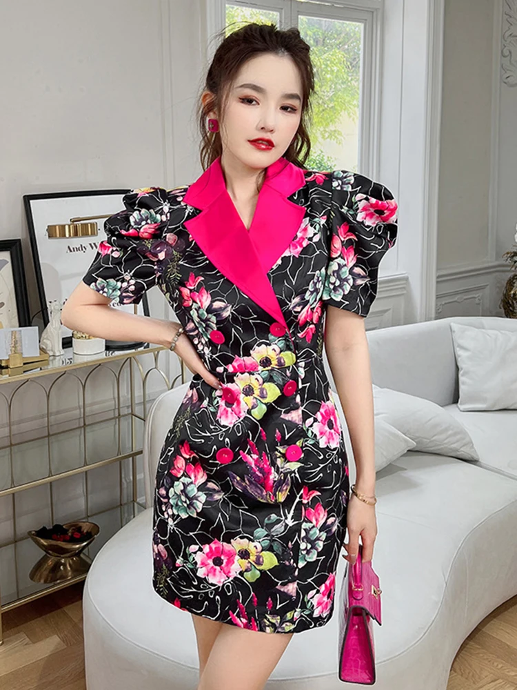 

Fashion French Elegant Office Women Evening Dress Temperament Formal Vintage Floral Slim Mini Party Club Blazer Mujer Vestidos