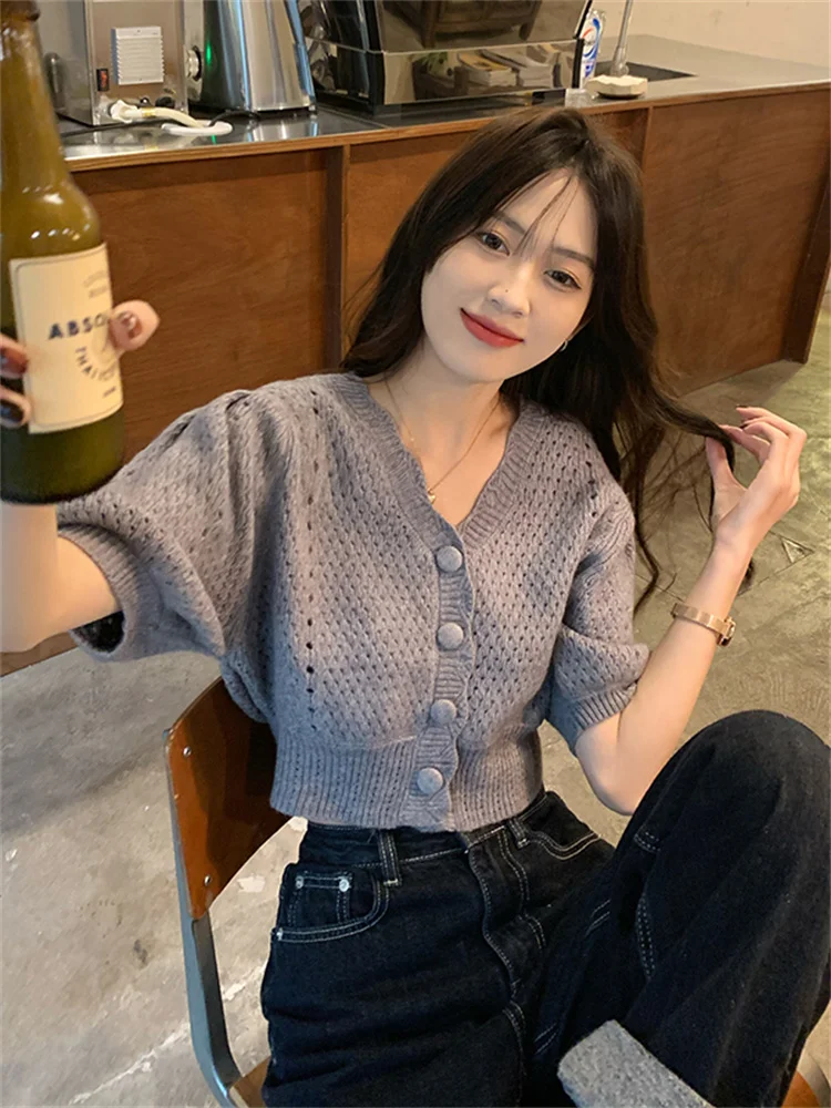 Женский трикотажный кардиган с рукавами-фонариками повседневный элегантный