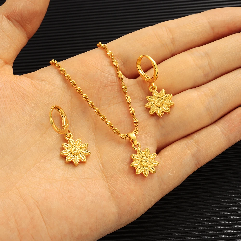 

Dubai 18K Gold Plated Sun Flower Wedding Gift Pendant Necklace Earring Bridal Jewelry Sets Jewellery Set for Women