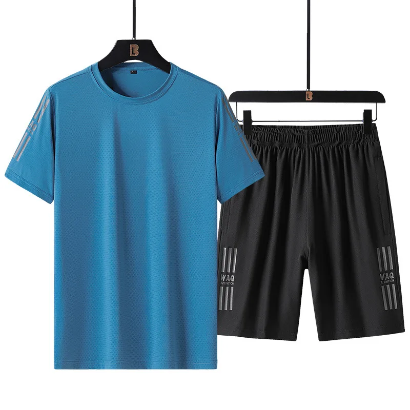 2022 New Summer Men's Ice Silk Sports Set Short Sleeve+Shorts Quick Drying Two Piece Set for Men's Summer Casual Clothing