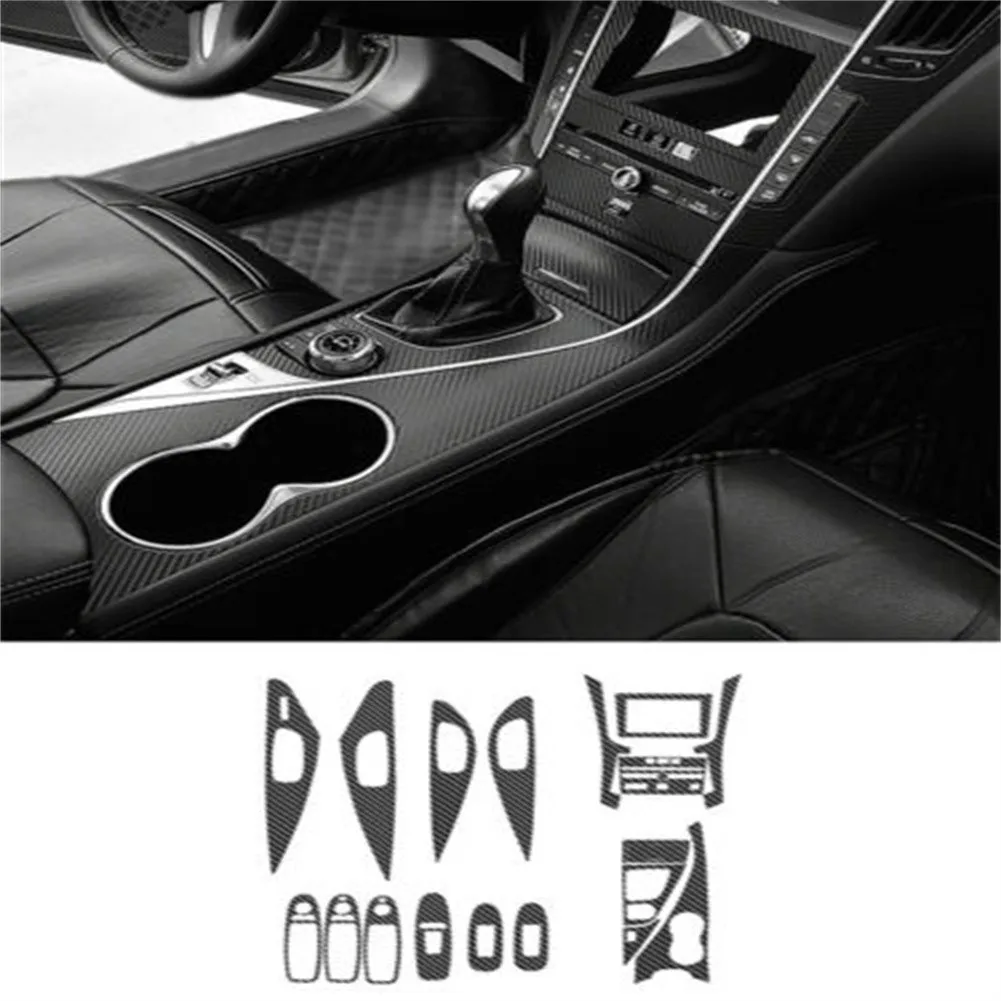 

18pcs/kit Car Interior Stickers Black Carbon Fiber Car For Infiniti Q50 2014-2019 Panel Dashboard Sticker Set Replacement New