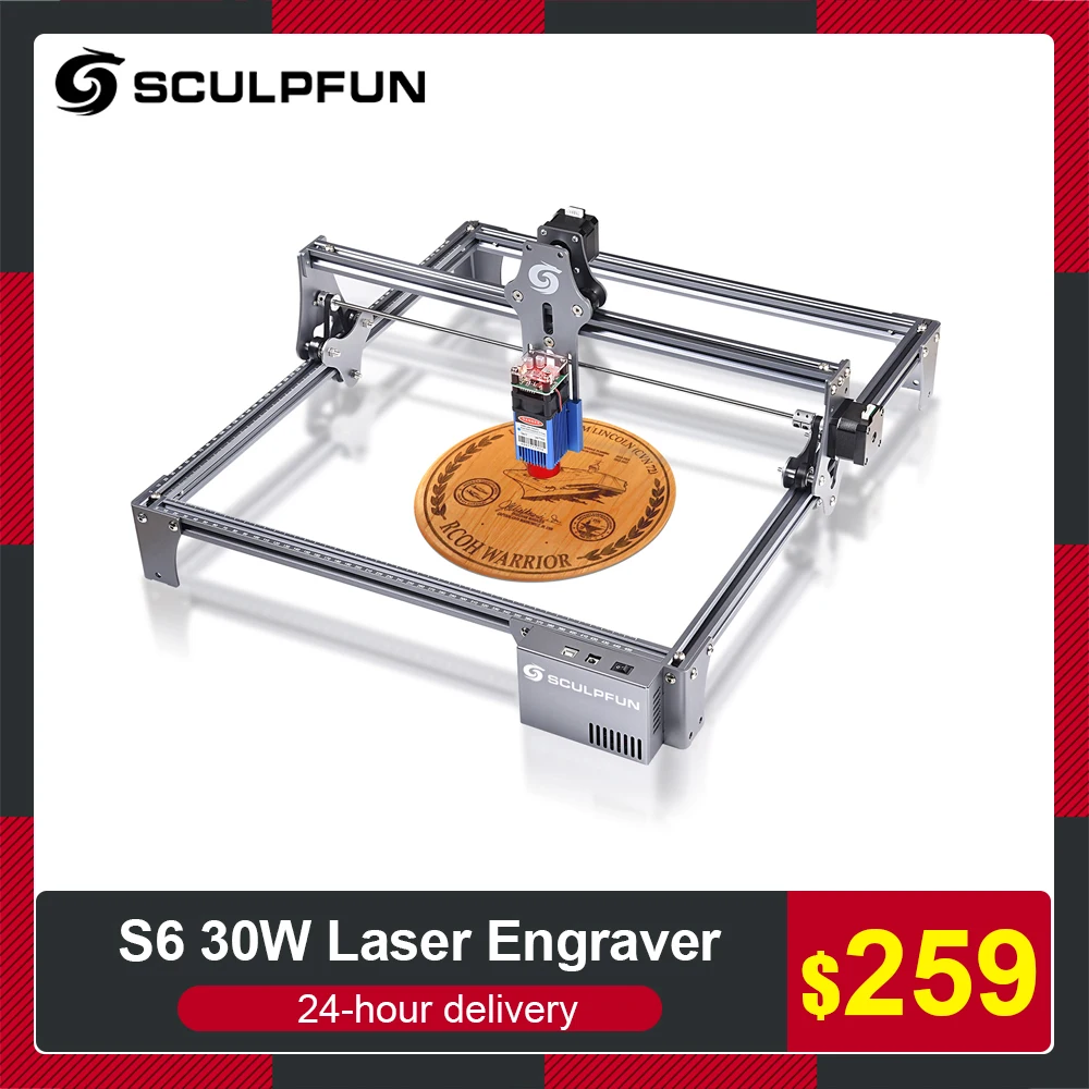 

SCULPFUN S6 30W Laser Engraver Eye Protection Desktop DIY Engraving Cutting Machine High Precision 410x420mm Full-Metal