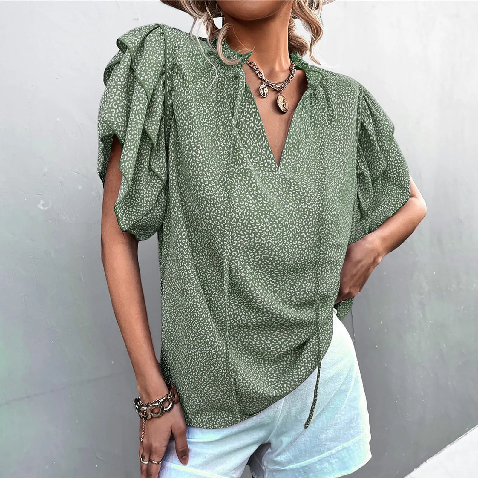 

Women's Casual Tiered Bell Sleeve V Neck Tie Leopard Print Loose Tops Blouses Shirt Flannel Work Shirts for Women