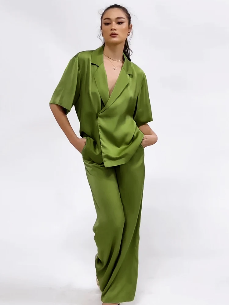 

Комплект ночной сорочки Restve женский из 2 предметов, Атласный топ с коротким рукавом и отложным воротником, повседневный комплект с брюками, ...