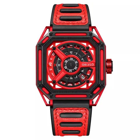 Модные Красные Мужские квадратные часы OBLVLO Mechanic Series в стиле локомотива, сапфировое зеркало, водонепроницаемые автоматические механические часы