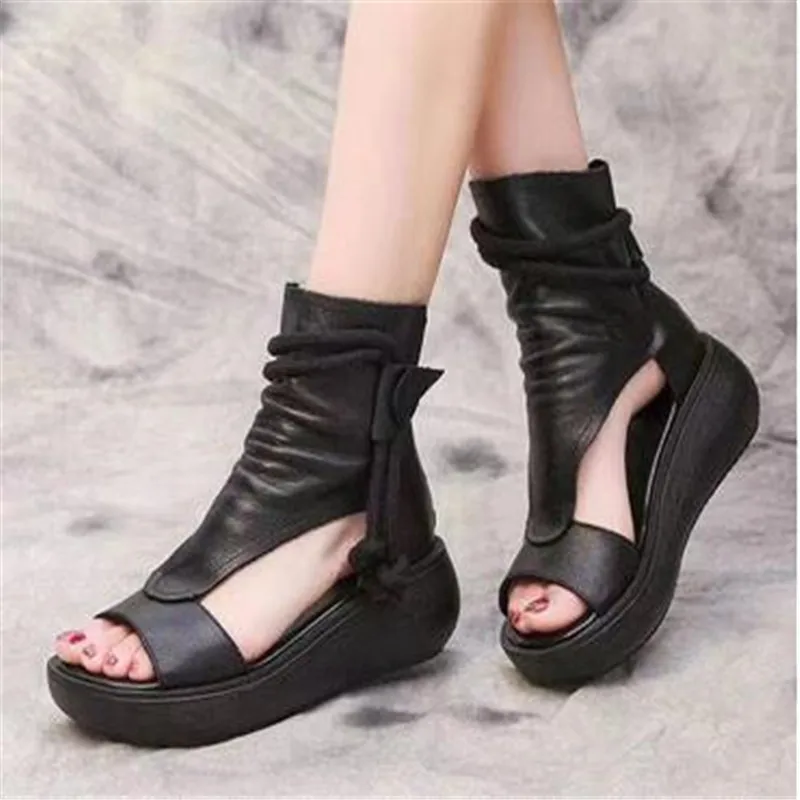 

Women Summer Roman Sandals Boots 2023 Mid Heels Wedges Shoes Ladies Vintage PU Leather Sandalias Mujer Sapato Feminino