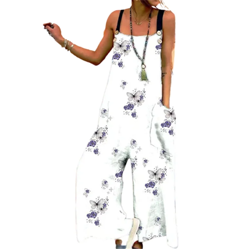 Fashion Women Jumpsuits 2022 Spring Summer Printed Wide Leg Overalls Casual Sleeveless Loose Button Up Rompers Pockets Jumpsuits