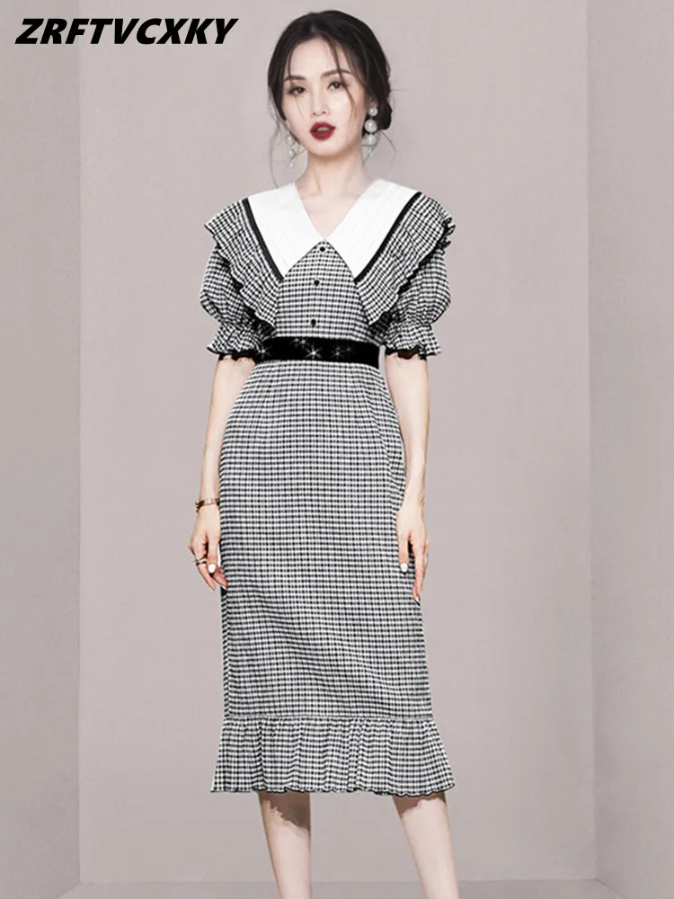 

Women's Summer Vintage Plaid Dresses Elegant Lantern Sleeve Slim Casual Simple Fashion Stitching Sheath Ruffled Fishtail Dress