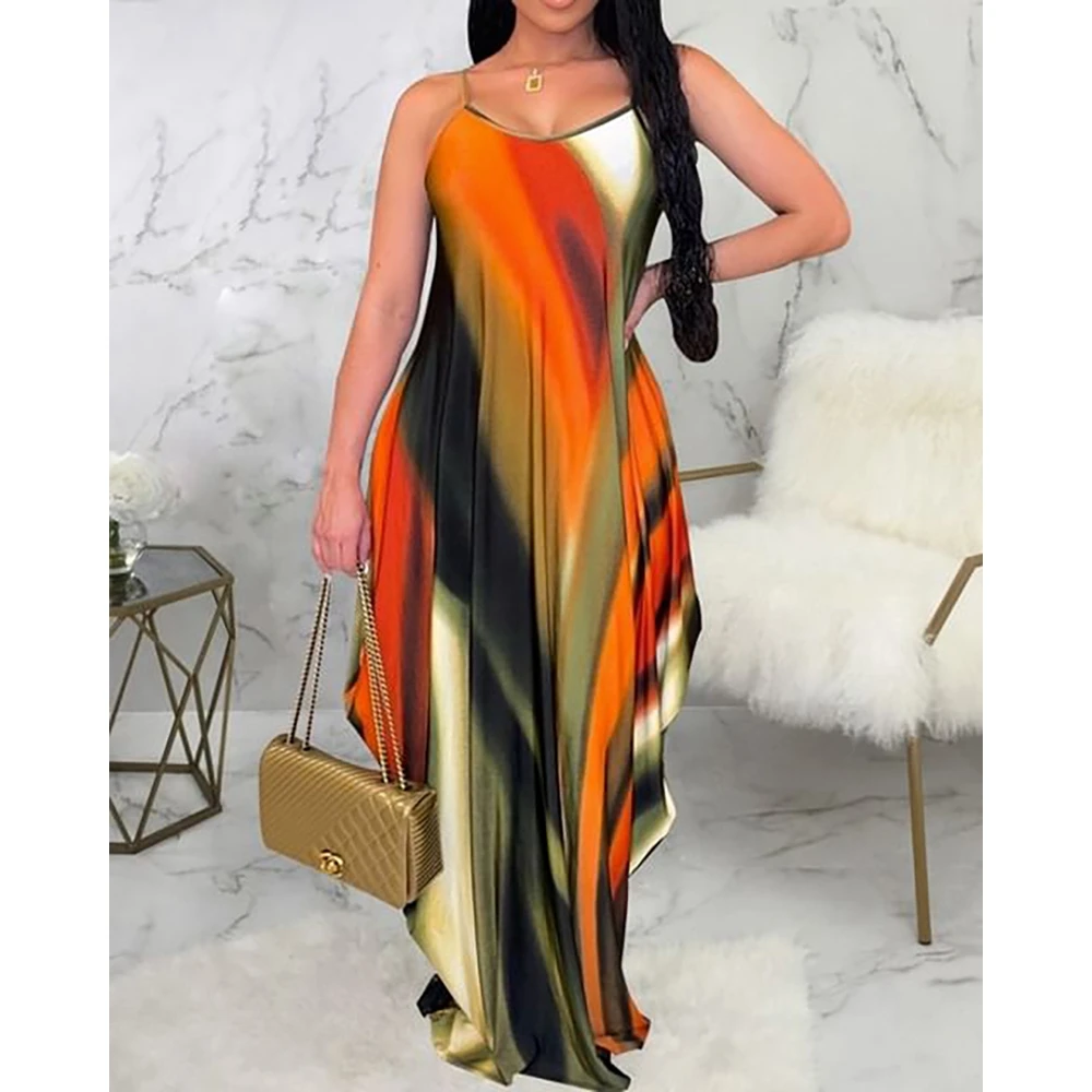 

Женское длинное платье на бретельках, повседневное элегантное платье макси с принтом на завязках и V-образным вырезом, лето 2019