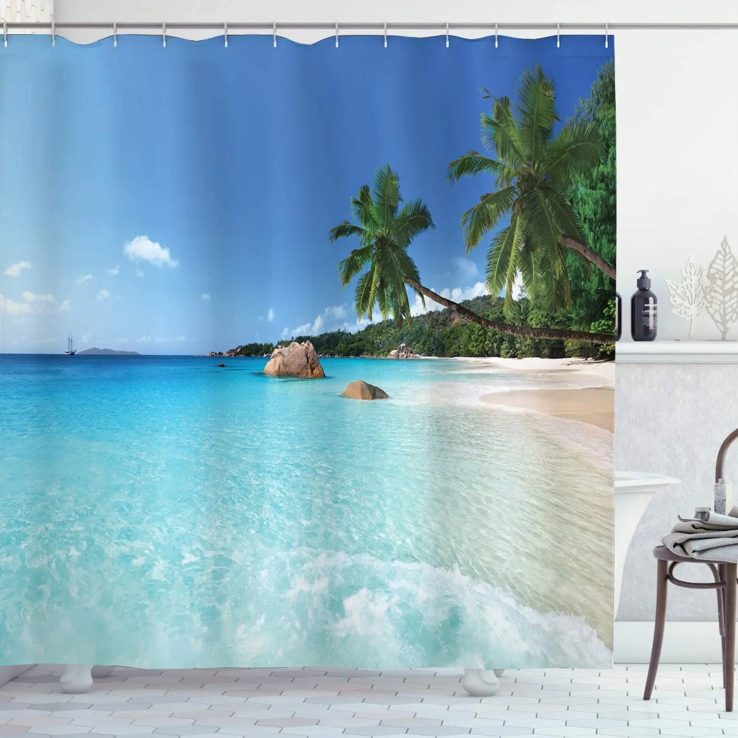 

Ocean Shower Curtain ANSE Lazio Beach at Praslin Island Surfing Beach Scenic View Cloth Fabric Bathroom Decor Set with 12 Hooks