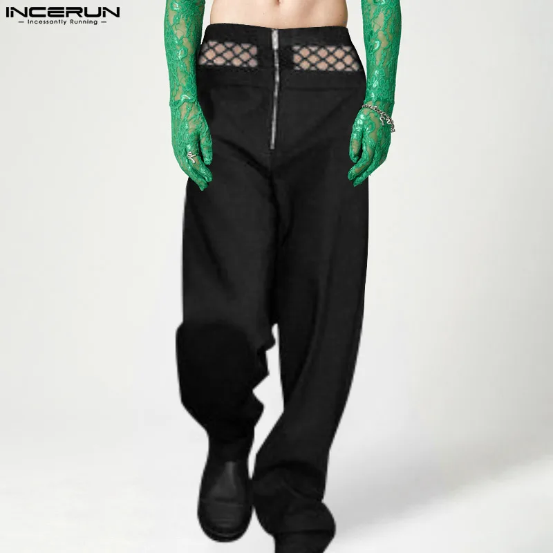 

INCERUN 2023 American Style Men Mesh Splicing Long Pants Fashion Casual Pantalons Male High Waist Zipper Straight Trousers S-5XL