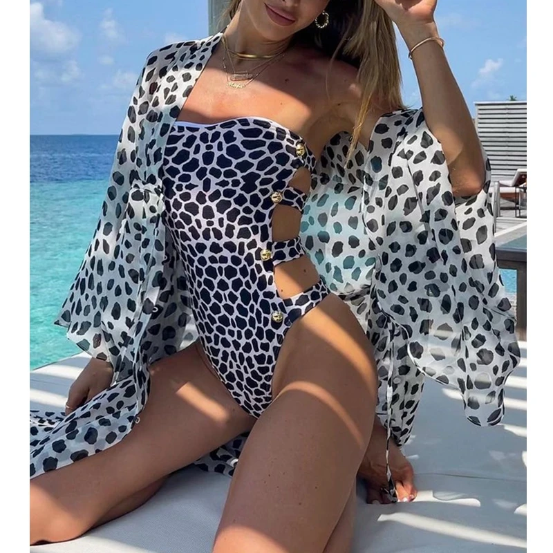 

Women One-Piece Swimsuit Suit Summer Sexy Printed Slim Hollow Out Strapless Swimsuit Cardigan Long Sleeve Vacation Suit Swimsuit