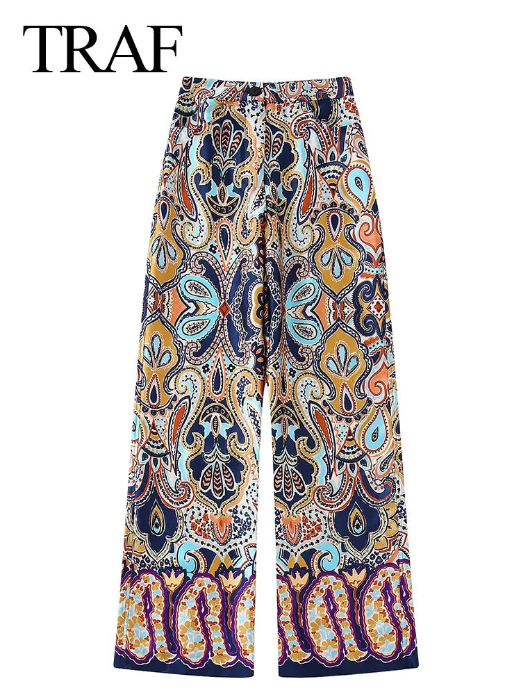 

TRAF Retro Elegant Printed Trousers Women Advanced Zipper Wide Leg Pants Trendy Chic Fashion Loose Temperament Pants Women
