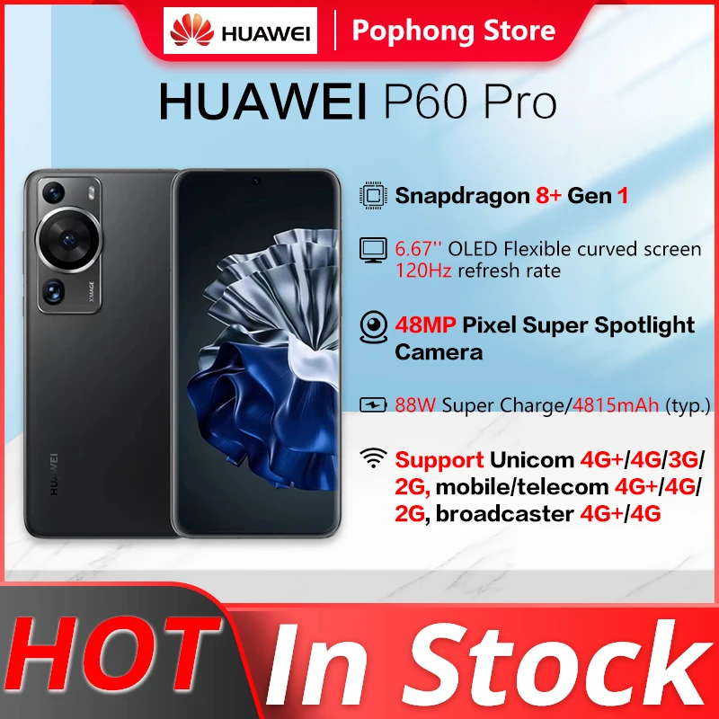 HUAWEI P60 Pro 4G Mobile Phone HarmonyOS 3.1 Snapdragon 8+ Gen 1 Octa Core 6.67 Inch OLED 88W SuperCharge 48MP Triple Cameras