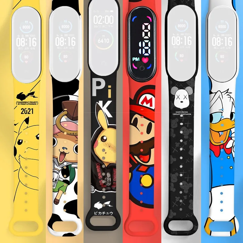 Children Digital Electronic Watch Toy Strap for Xiaomi Mi Band 4/5/6/7 Pokemon Snoppy ONE PIECE Doraemon Cute Cartoon Wristband
