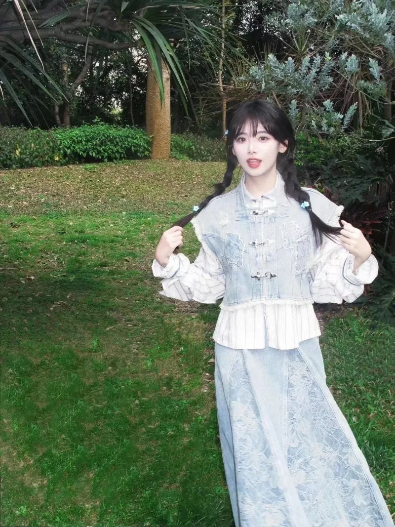 Miiiix Новый китайский стиль Instagram джинсовый Улучшенный жилет ханьфу Топ Женская