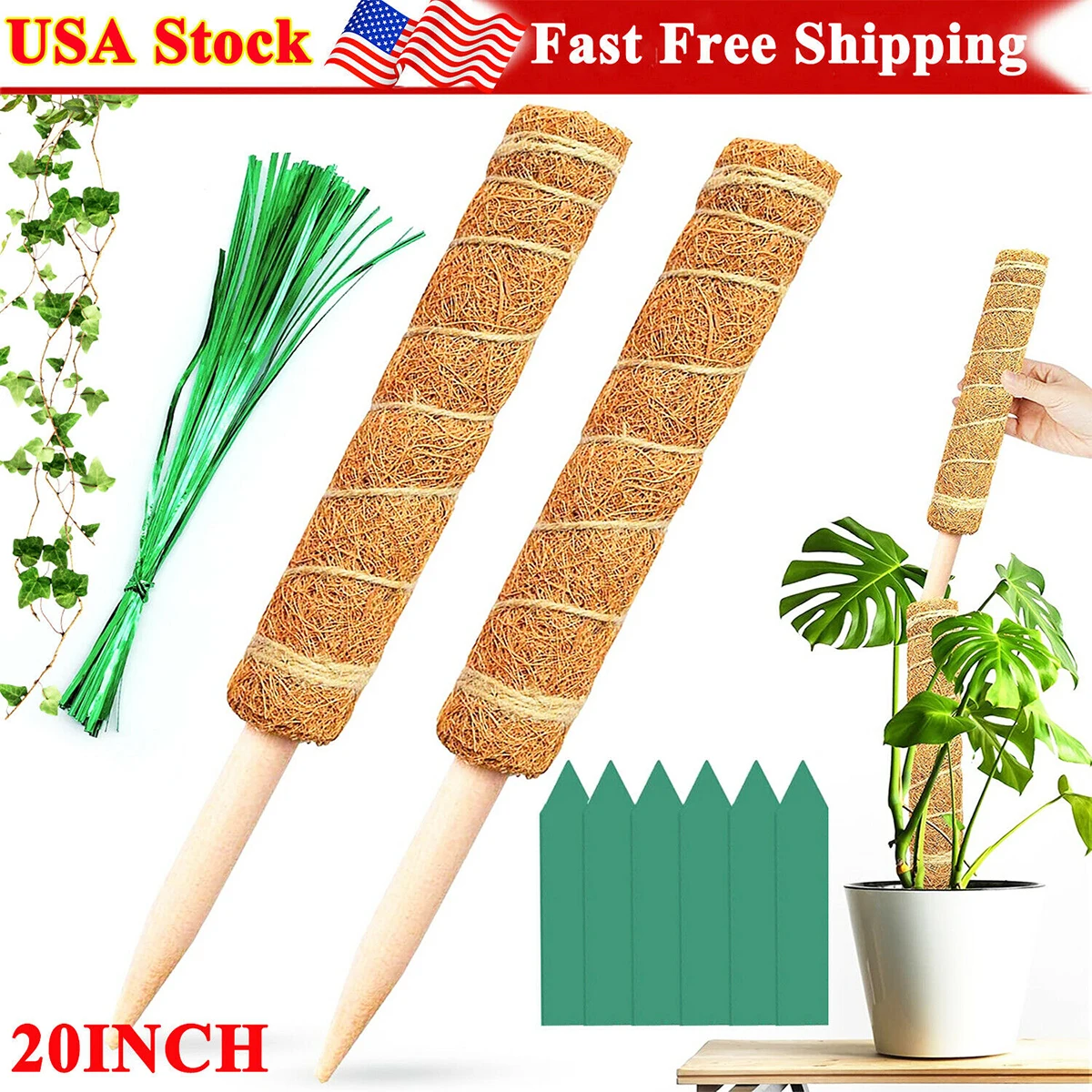 

20 Inch Coir Totem Pole Set Gardening Climbing Plants Coconut Sticks Vines Creepers Pole Moss Stick Support Plant USA Shipping